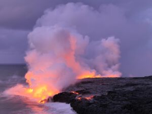 Lava enters the sea.