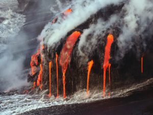 Lava enters the sea.