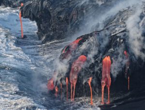 Lava enters the sea.